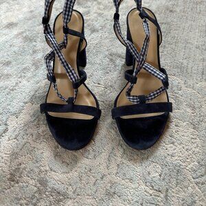 J Crew Dark Pacific Blue Gingham Lace-up Stella Sandal Heels Size 9